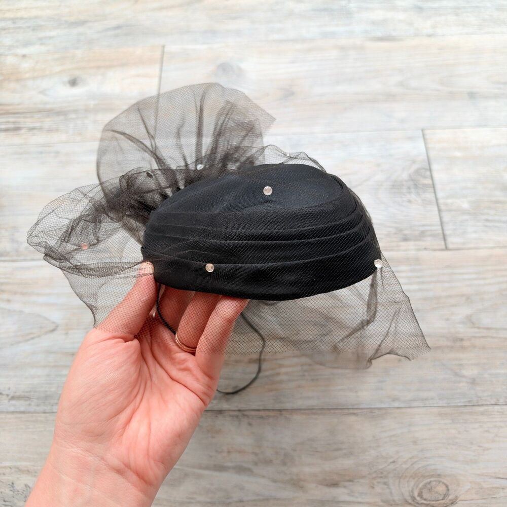 Vintage Black Pillbox Hat with Veil Rhinestone Accent Fascinator Cocktail Hat